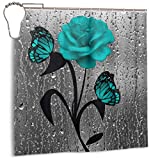 Amonee-YL Teal Gray Rose Flower Butterflies Bath Polyester Fabric Shower Curtain Sets with 10 Hooks,Modern Bathroom Home Decor