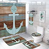 5 Pcs Anchor Shower Curtain Sets with Rugs and Towels, Include Non-Slip Rug, Toilet Lid Cover and Bath Mat, Nautical Anchor Rustic Wood Waterproof Shower Curtain with 12 Hooks for Bathroom