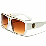 White & Gold Kleo Flat Top Hip Hop Rapper Retro Aviator Sunglasses w/ Brown Lenses