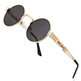 AIEYEZO Round Steampunk Sunglasses John Lennon Hippie Glasses Metal Frame 100% UV Blocking Lens (Gold/Grey)