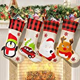 HOOJO Christmas Stockings 4 Pack 18 inches Xmas Stockings, Large Personalized Stockings with Classic Burlap Plaid, Christmas Decorations for Family Holiday, Fireplace, Hanging Christmas Party Décor