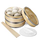 Flexzion Bamboo Steamer Basket Set (8 inch) with Stainless Steel Banding, 50 x Steamer Liners and 2 Pairs of Chopsticks, Steam Baskets for DimSum Dumplings, Rice, Vegetables, Fish and Meat