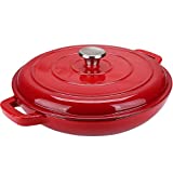 Puricon Enameled Cast Iron Casserole Braiser Pan 3.8 Quart, Ceramic Enamel Cookware Skillet with Lid and Dual Handles -Red