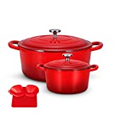 Enameled Cast Iron Dutch Oven Set with Lids, 2pcs Cast Iron Pot, 6QT & 1.5QT Enamel Cookware Pot, Red