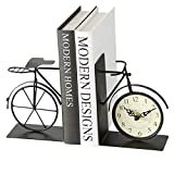 WHW Whole House Worlds Industrial Chic Bicycle Bookends with Analog Clock, Set of 2, Handcrafted of Bent and Welded Black Iron, Combined 8 5/8 Inches Long, 1 AA Battery (Not Included)