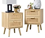 Finnhomy Nightstand, End Table, Side Table with 2 Hand Made Rattan Decorated Drawers, Wood Accent Table with Storage for Bedroom, Natural, 2 Pack