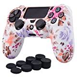 YoRHa Water Transfer Printing Camouflage Silicone Cover Skin Case for Sony PS4/slim/Pro Dualshock 4 Controller x 1(Flowers) with Pro Thumb Grips x 8