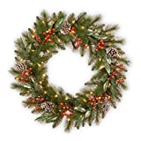 National Tree Company Pre-Lit Artificial Christmas Wreath, Green, Frosted Pine, White Lights, Decorated with Pine Cones, Berry Clusters, Frosted Branches, Christmas Collection, 30 Inches