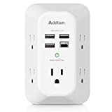 USB Wall Charger Surge Protector 5 Outlet Extender with 4 USB Charging Ports (1 USB C Outlet) 3 Sided 1800J Power Strip Multi Plug Outlets Wall Adapter Spaced for Home Travel Office ETL Listed