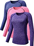 Neleus Women's 3 Pack Compression Wear Athletic Long Sleeve Shirt for Girls,8021,Blue,Purple,Pink,XL