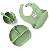 Silicone Baby Feeding Set 4 PACK-Baby Feeding Supplies with Suction Bowl＆Divided Plate＆Adjustable Bib＆Soft Spoon-BPA Free Tableware Self Feeding Set-Easily Clean Infant Training Eating Utensil (Green)