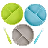 Kids Divided Plates -100% Safe BPA Free Soft Silicone Baby Toddler Plate, Dishwasher-Microwave Safe & Unbreakable Feeding Set… (Lime Green/Turquoise/Grey, Without Suction & Lid)