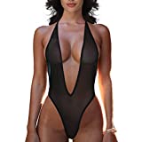 SHERRYLO One Piece Thong Swimsuit Sheer Plunging V-Front Monokini Slutty See Through Swimsuit High Cut Bodysuit for Women Black