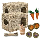 Rabbit Grass House & Bunny Chew Toys Natural Foldable Hand Woven Seagrass Mat Bed Carrot Hay Toy Hut Safe Comfortable Playhouse for Play and Sleep