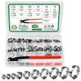 FOLIV 100Pcs Single Ear Hose Clamps, 304 Stainless Steel Stepless Hose Clamps with Ear Clamp Pincer, Cinch Rings Crimp Hose Clamps Assortment Kit for Water Pipe, Plumbing and Automotive Use (6-28.6mm)