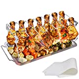 yamisan Chicken Leg Wing Grill Rack - 14 Slots Stainless Steel Roaster Stand with Drip Pan, BBQ Chicken Drumsticks Rack for Smoker Grill or Oven