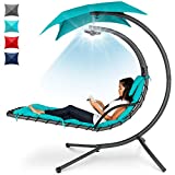 Best Choice Products Hanging LED-Lit Curved Chaise Lounge Chair Swing for Backyard, Patio, Lawn w/ 3 Light Settings, Weather-Resistant Pillow, Removable Canopy Shade, Steel Stand - Teal