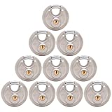 Keyed Alike Stainless Steel Disc Padlock, Same Key Open, for Self Storage, Farm, Recycle Box, Truck, Trailer, Anti Cut, All Weather 2-3/4"(70mm) (10)