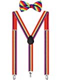 Suspender Bow Tie Set Clip On Y Shape Adjustable Braces, Pant Suspenders Shoulder Straps for Cosplay Party (Rainbow)