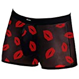 FEDPOP Men's Sexy Mesh Boxer Briefs Sheer Clubwear Underwear Transparent See Through Shorts Hot Lip Print Underpants