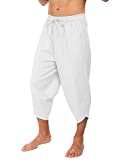 COOFANDY Men's Linen Harem Capri Pants Lightweight Loose 3/4 Shorts Drawstring Elastic Waist Casual Beach Yoga Trousers (White*, Medium)