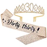 "Dirty Thirty" Sash & Rhinestone Tiara Set - 30th Birthday Gifts Birthday Sash for Women Fun Party Favors Birthday Party Supplies (Gold Glitter with Black Lettering)