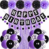 ANSOMO Black and Purple Happy Birthday Party Decorations with Banner Balloons Pom Poms Foil Fringe Curtains for Women Girls