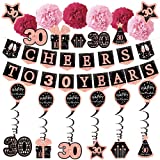 30th Birthday Decorations for her - (21pack) Cheers to 30 Years Rose Gold Glitter Banner for her, 6 Paper Poms, 6 Hanging Swirl, 7 Decorations Stickers. 30 Years Old Party Supplies Gifts for Women