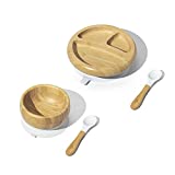 Avanchy Baby Feeding Plate + Bowl and 2 Spoons Set, Divided Bamboo Plate with Spill Proof, Stay Put Suction Ring, 7” × 2” Plate Size (White Essentials)