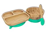 Baby Toddler Stay Put Dish, Kids Suction Plate & Bowl, Bamboo Cute Dinnerware (Green Set)