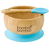 bamboo bamboo Baby Bowls with Suction and Spoon Set 11.8oz (350ml) Blue - Detachable Suction Base - Natural Bamboo Baby Utensils for Stay Put Feeding