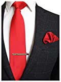 JEMYGINS Red Formal Necktie and Pocket Square, Hankerchief and Tie Bar Clip Sets for Men