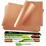 Premium Large Copper Grill and Bake Mats Set of 4 with Oil Brush - 15.75 X 13 inches - Non Stick BBQ Grill Mats for Grilling & Baking on Gas, Charcoal, and BBQ Grills - Easy to Clean and Reusable