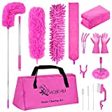CALBEAU Microfiber Feather Duster Set 15PCS Bendable & Washable with 100-inch Extension Pole for Cleaning High Ceiling, Fan, Blinds, Cars, Furniture, Cleaning Tools Kit Gift for Women -Pink
