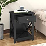 Treocho End Side Table X-Design, Night Stand Table with Drawer and Storage Shelf for Living Room, Bedroom, Black