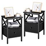 YITAHOME 3-Tier Nightstands Set of 2, X-Design Side End Table with Storage Shelf, Modern Sofa Bed Side Table Night Stand Storage Shelf with Bin Drawer for Bedroom Living Room, Easy Assembly, Black