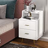 Tribesigns Nightstand, Modern Bedside Table with 2 Drawers and Heightened Open Shelf, End or Side Table with Golden Metal Legs, Bed Night Table for Bedroom(White), Storage Wooden Night Stand (1 pc)