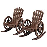 Kintness 2PCS Wagon Wheel Wood Rocking Chair Outdoor Furniture Patio Chairs Armrest Rocker for Garden