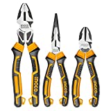 INGCO 3 Pcs High Leverage Pliers Set, Larger 8" Long Needle Nose Pliers 7" Diagonal Cutting Pliers 9.5" Combination Pliers Set HKHLPS2832