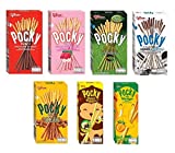 Glico Pocky Biscuit Stick 7 Flavor Variety Pack (Pack of 7) Pocky Chocolate, Strawberry, Matcha Green Tea, Cookies & Cream , Almond , Mango and Choco Banana