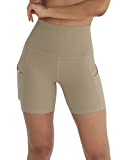 ODODOS Women's 5" High Waist Biker Shorts with Pockets, Tummy Control Non See Through Weokout Sports Athletic Running Yoga Shorts, DarkBeige, Medium