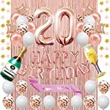 Fancypartyshop 20th Birthday Decorations - Rose Gold Happy Birthday Banner and Sash with Number 20 Balloons Latex Confetti balloons Ideal for Girl and Women 20 Years Old Birthday Rose Gold