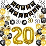 HankRobot 20th Birthday Decorations Party Supplies (42pack) Gold Number Balloon 20 Happy Birthday Banner Latex Balloons (Black, Golden) Confetti Balloons -Great for 20 Years Old Birthday Party