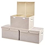 EZOWare Large Storage Boxes [3-Pack] Large Linen Fabric Foldable Storage Cubes Bin Box Containers with Lid and Handles for Nursery, Closet, Kids Room, Toys, Baby Products (Silver Gray)