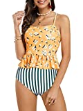 Tutorutor Womens High Waisted Peplum Tankini Halter Swimsuit Retro Ruffle Floral Print Tummy Control 2 Piece Bikini Set