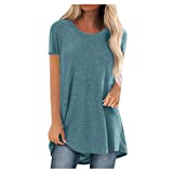 Women Summer Casual Tshirt Top Trendy Loose Fit Solid Long Tunic Tees Plus Size Short Sleeve Crewneck Workout Blouses