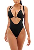 Viottiset Women's Halter Thong Two Piece Swimsuit Brazilian Bikini Monokini Black X-Large