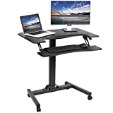 VIVO Black Pneumatic Mobile 36 inch Height Adjustable Two Platform Standing Desk with Wheels, Dual Tiered Rolling Small Space Workstation, DESK-V111GT