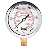 Winters PFQ Series Stainless Steel 304 Dual Scale Liquid Filled Pressure Gauge with Brass Internals, 0-5000 psi/kpa,2-1/2" Dial Display, +/-1.5% Accuracy, 1/4" NPT Bottom Mount