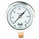 Winters PFQ Series Stainless Steel 304 Single Scale Liquid Filled Pressure Gauge with Brass Internals, 0-60 psi, 2-1/2" Dial Display, +/-1.5% Accuracy, 1/4" NPT Bottom Mount